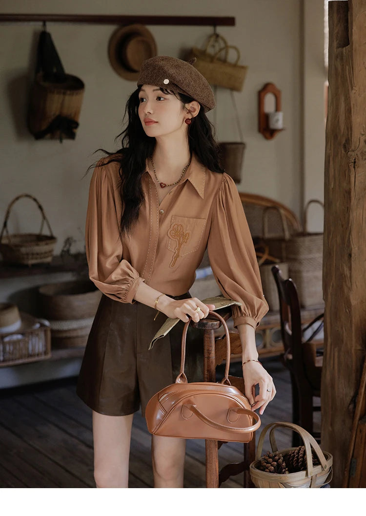 MISHOW Hong Kong Retro Solid Long Sleeve Shirt 2024 Autumn Temperament Loose Tops Lantern Sleeve Embroidery Shirts MXD41C0287