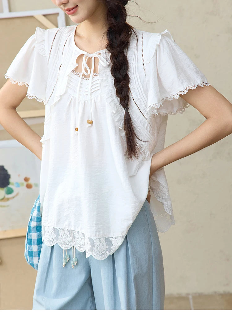 MISHOW White Lace Up Blouse Women's 2025 Summer New Fashion Butterfly Sleeve Hollow Lace Splicing Top Female Clothing MXE34X1784