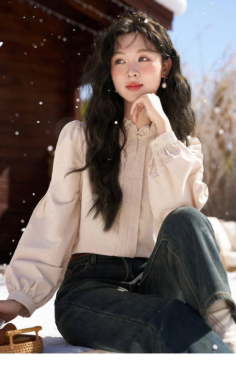 MISHOW French Autumn Winter Button Up Lantern Long Sleeve Shirts Women Ruffle Neck Thick Warm Blouse Flannel Shirt MXC56X1320