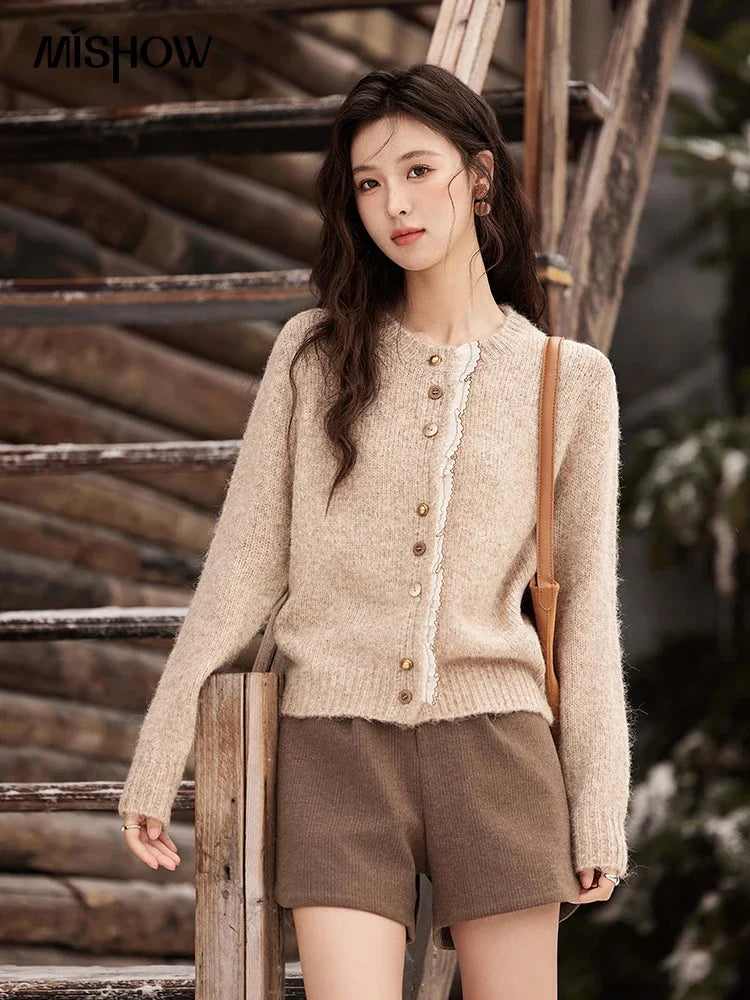 MISHOW Spliced Lace Knitted Cardigan O-Neck Sweaters Women Button Design Temperament Long Sleeved Tops Office Lady MXD58Z0998