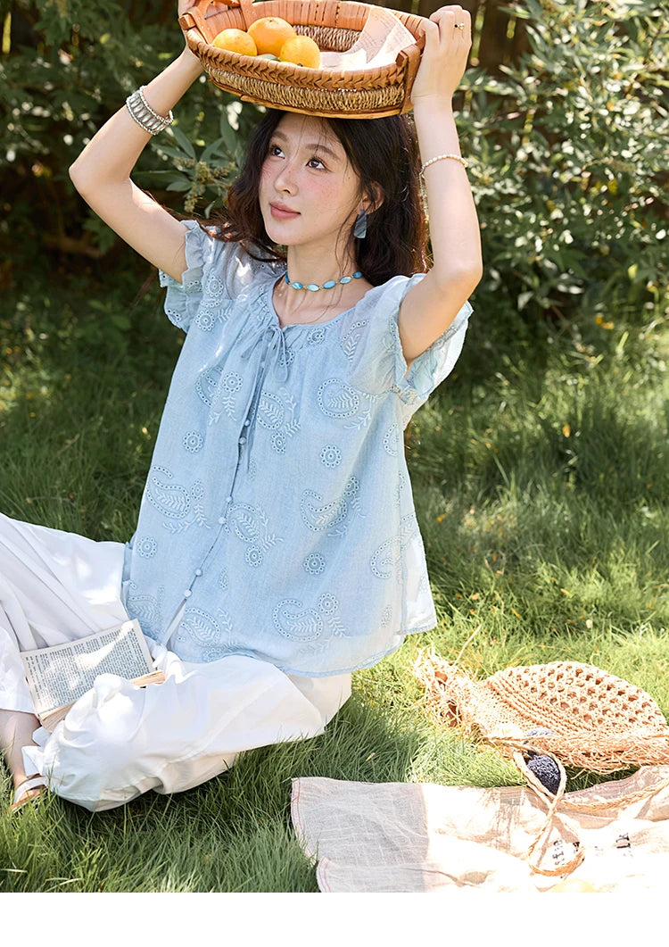 MISHOW Embroidery Flower Shirt for Women 2025 Summer New Fashion Loose Puff Sleeve Round Neck Top Female Clothing MXE39X1922