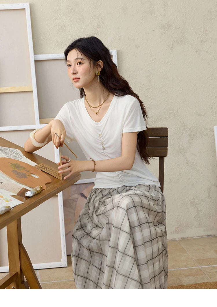 MISHOW V-neck Short Sleeve T-shirt Summer 2025 Mid Front Elastic Fold Single Row Shell Button Tees Casual Slim Tops MXE34T0560