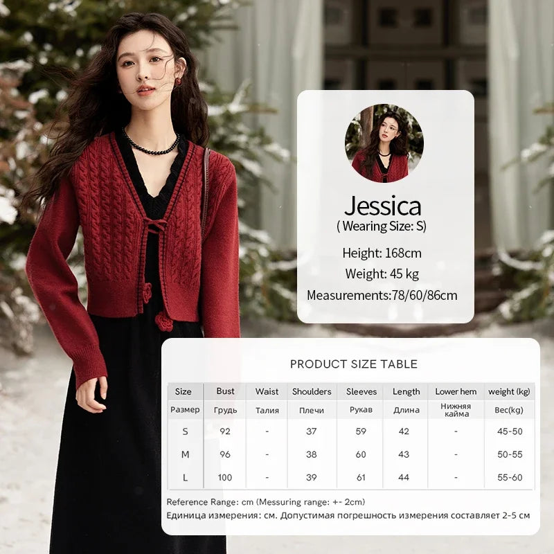 MISHOW Red Knitted Cardigan V-Neck Midi Dresses Separately A-LINE Temperament Grace Dress Flower Lace-up Warm Coat MXD58L2085