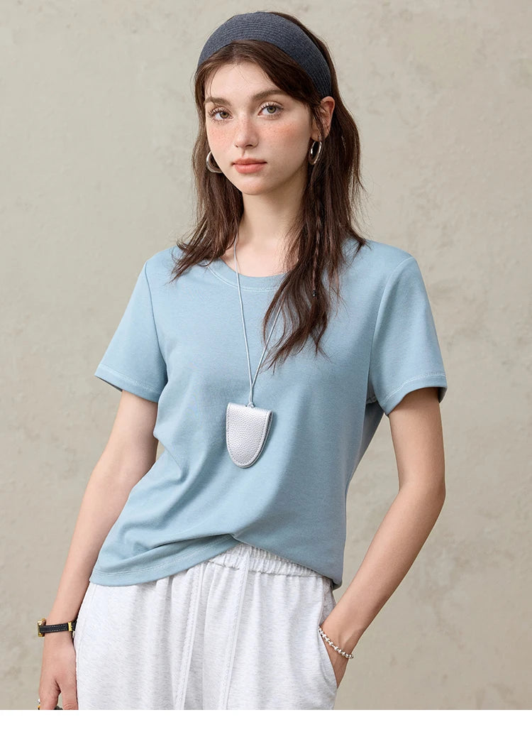 MISHOW Casual Summer T-shirts Women Short Sleeve Round Neck Solid Straight Shoulder Shirt Female Fashion Slimming New MXE31T0532