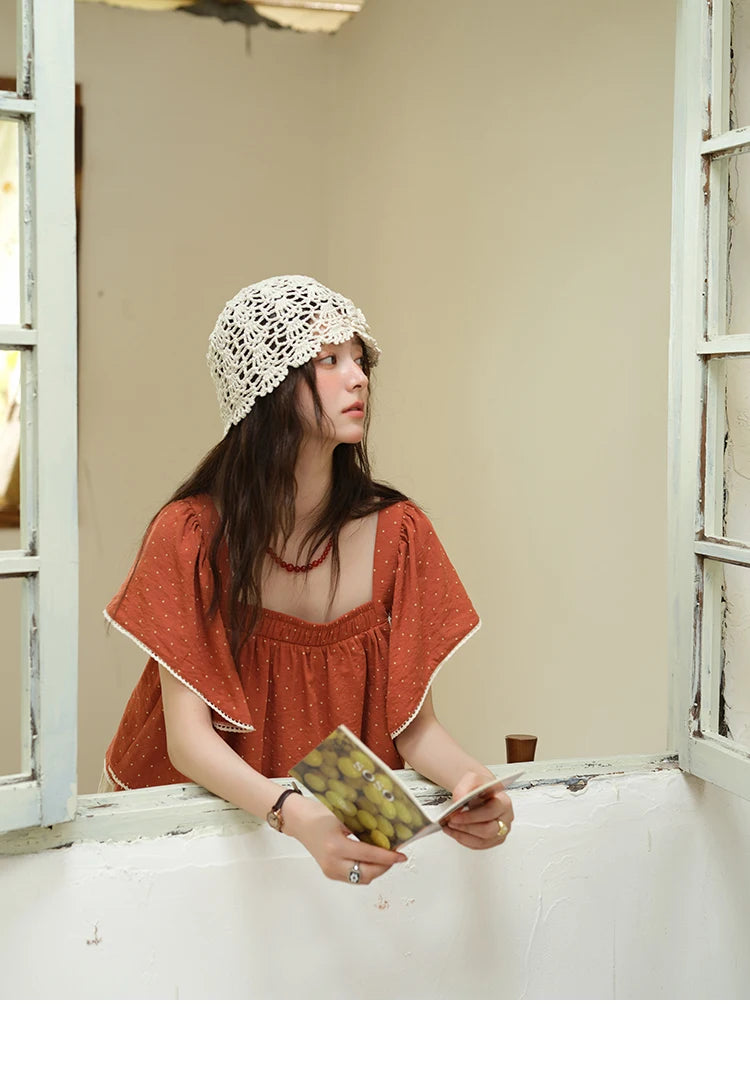 MISHOW Women's Polka Dot Blouse 2025 Summer Square Neck Lace Spliced Double Layered Ruffled Red Top Women's Clothing MXE37X1857