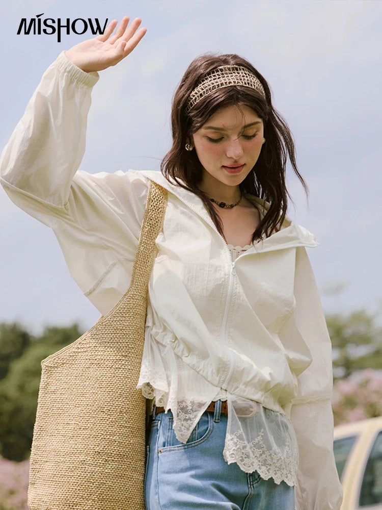 MISHOW Sunscreen Summer Coat Women New 2025 Long Sleeve Hooded Solid Lace Loose Cardigan Female Thin Breathable MXE33W0780