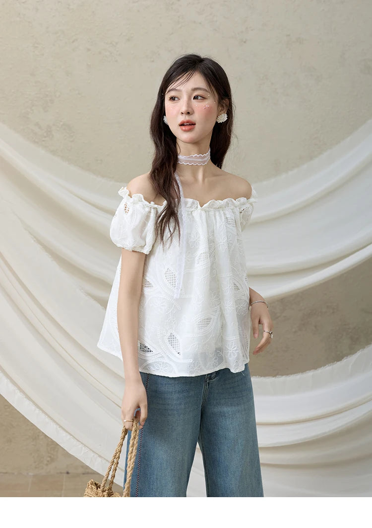 MISHOW French Summer Shirts Women New 2025 Slash Neck Short Sleeve Solid Lace Blouses Female Fashion Slim Tops Lady MXE35X1775