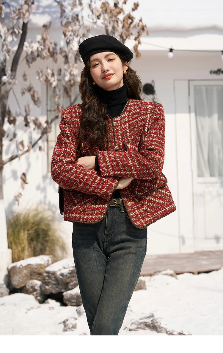 MISHOW Tweed Jacket for Women Luxury 2025 Winter Wool Blend Thick Coat High Quality Fashion Crew Neck Outerwear Top MXC57Y0021