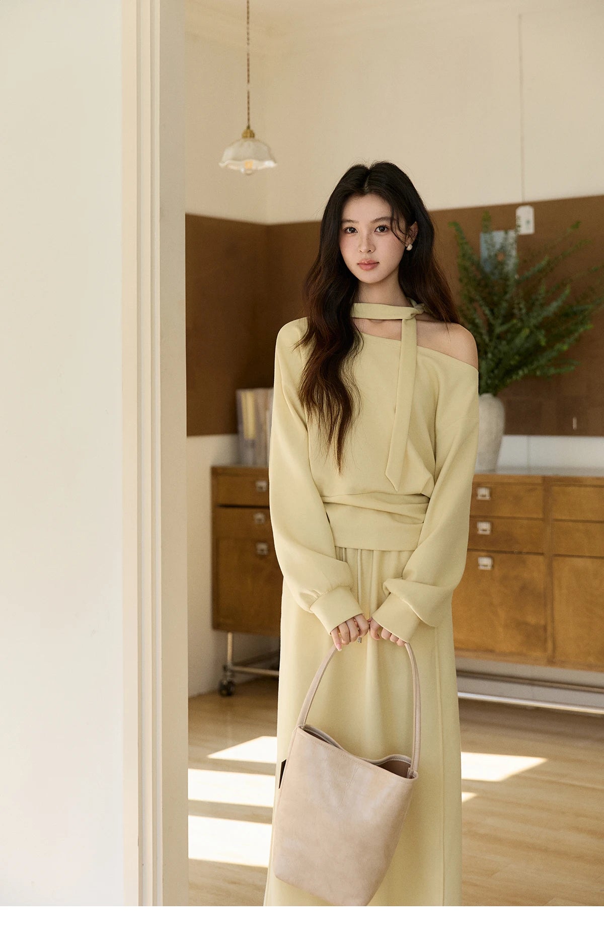 MISHOW Women's Light Yellow Two-Piece Set Asymmetrical Off-shoulder Pullover Top Rear Fork Midi Skirt Set with Ribbon MXE11T1489