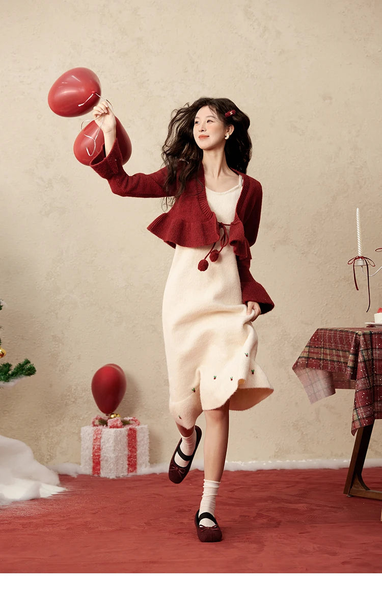 MISHOW Christmas New Year Ruffle Strap Dress Pom-Pom Lace-up Knitted Cardigan Sepertely 2024 Hem Fish Tail Dresses MXD59L2133