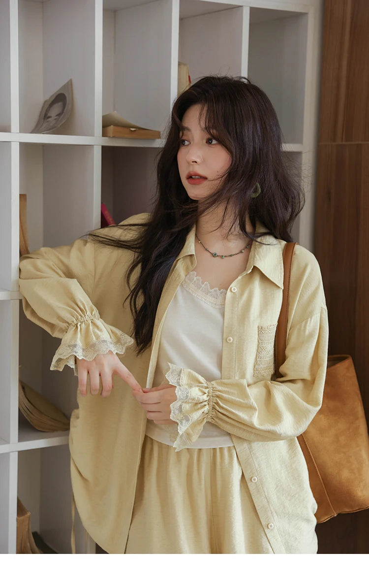 MISHOW Yellow Linen Three Piece Solid Splicing Lace Shirt Camisole Elastic Waist Shorts Vintage Hollowed Out Lace Set MXE42T0718