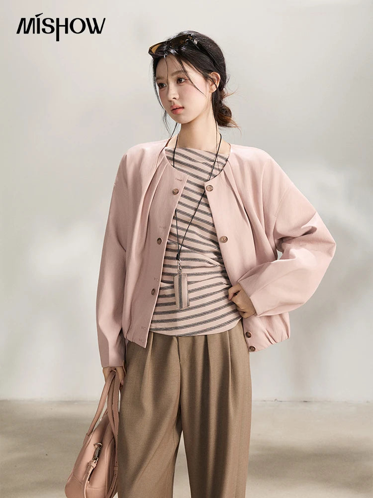 MISHOW Women's Pink Flower Bud Leather Jacket Spring 2026 Crew Neck Single-breasted Coats Casual Loose Cropped Coat MXF108W1001