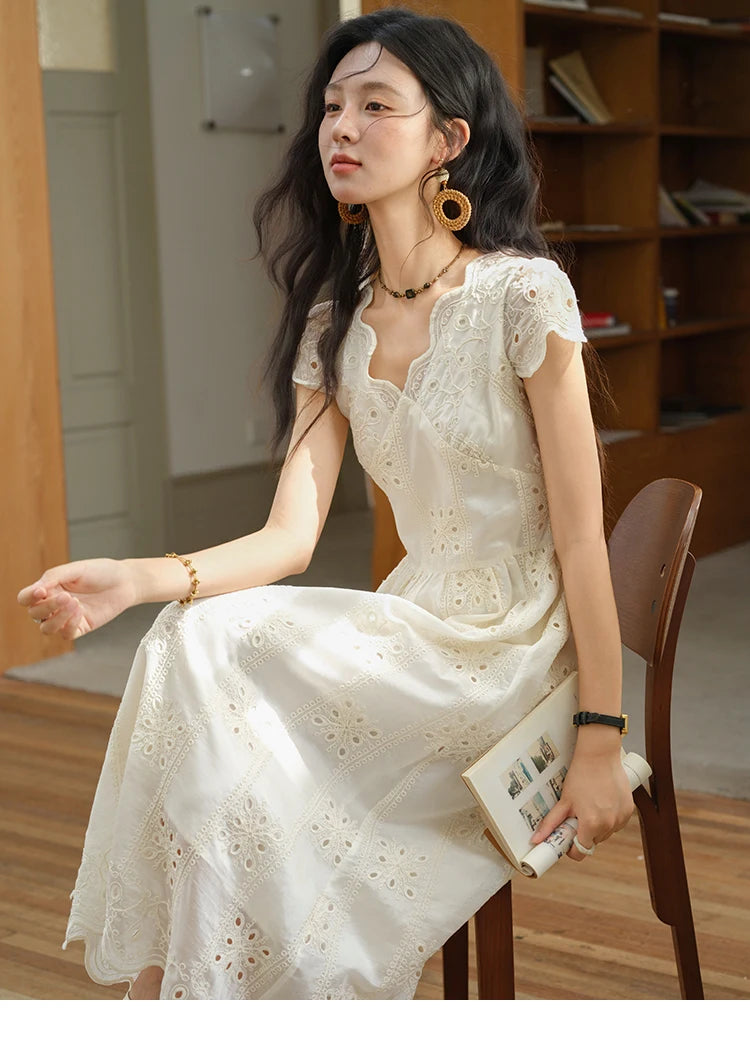 MISHOW Women's Flying Sleeve V-neck Hollow Dress 2025 Summer Embroidery A-line Dress Seaside Vacation Long Dresses MXE39L2404