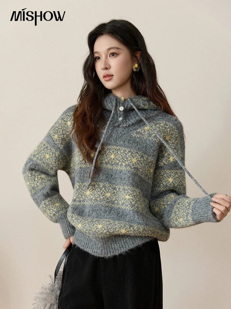 MISHOW Women's Fair Isle Knitted Sweater 2025 Winter V-neck Wool Blend Casual Tops Removable Hood Warm Loose Sweaters MXE94Z2979