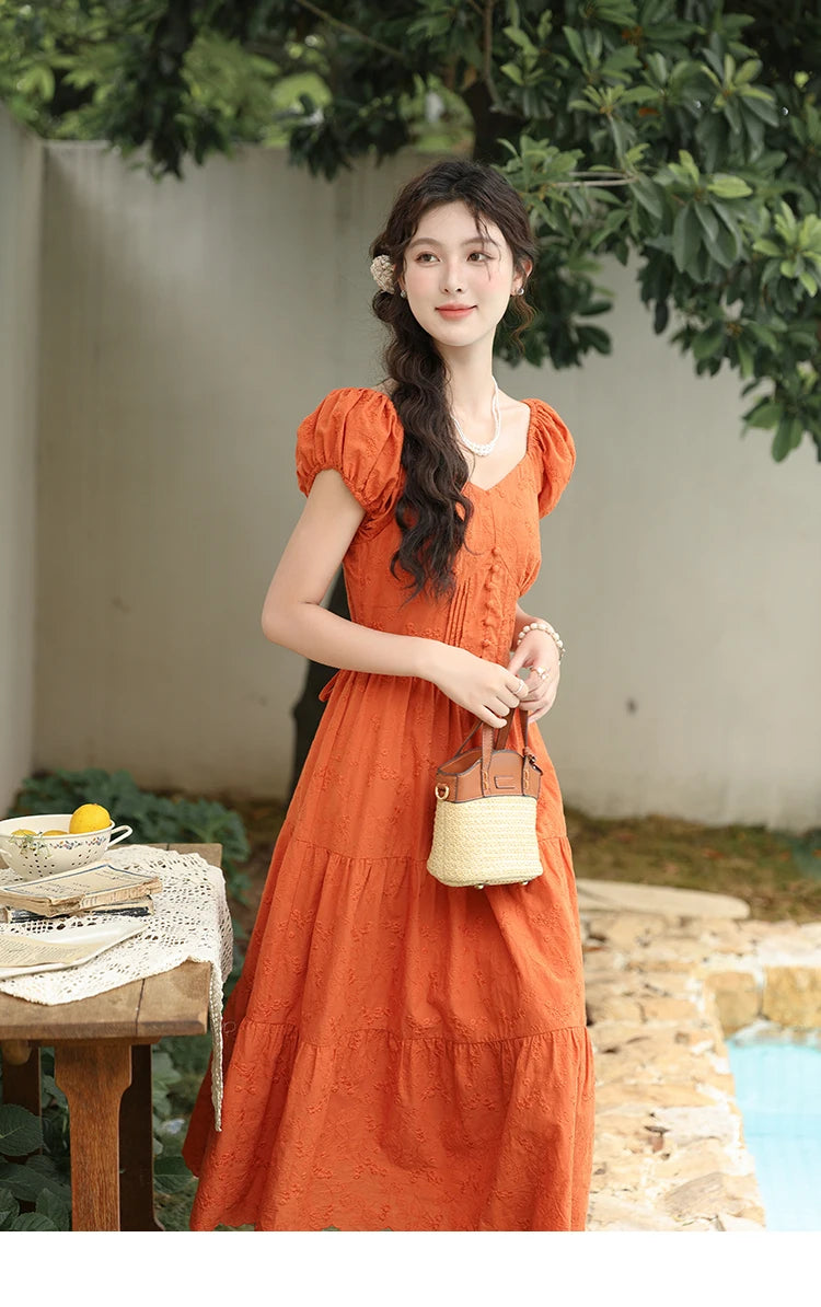 MISHOW 100 Cotton Orange Embroidered French Dress Women 2024 Summer V Neck Mid Length Dress Solid Loose A-line Dress MXD29L1931