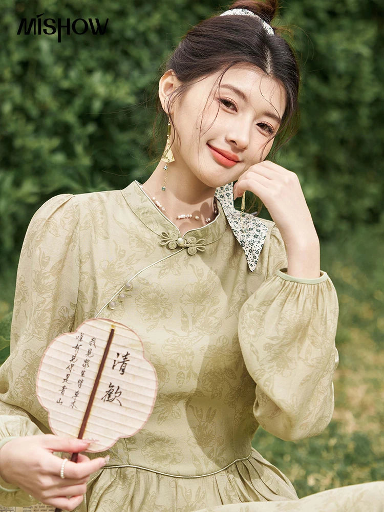 MISHOW Retro Chinese Improved Cheongsam Dress 2024 Spring Chiffon Printing Green Puff Sleeve Stand Neck Waist Dresses MXD14L1767