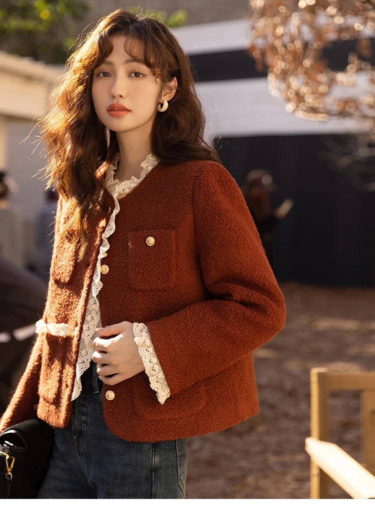 MISHOW Wool Coat for Women Winter Korean Retro Lace Splicing Lamb Wool Button Pockets Thickened Warm Female Coat MXB43W0720