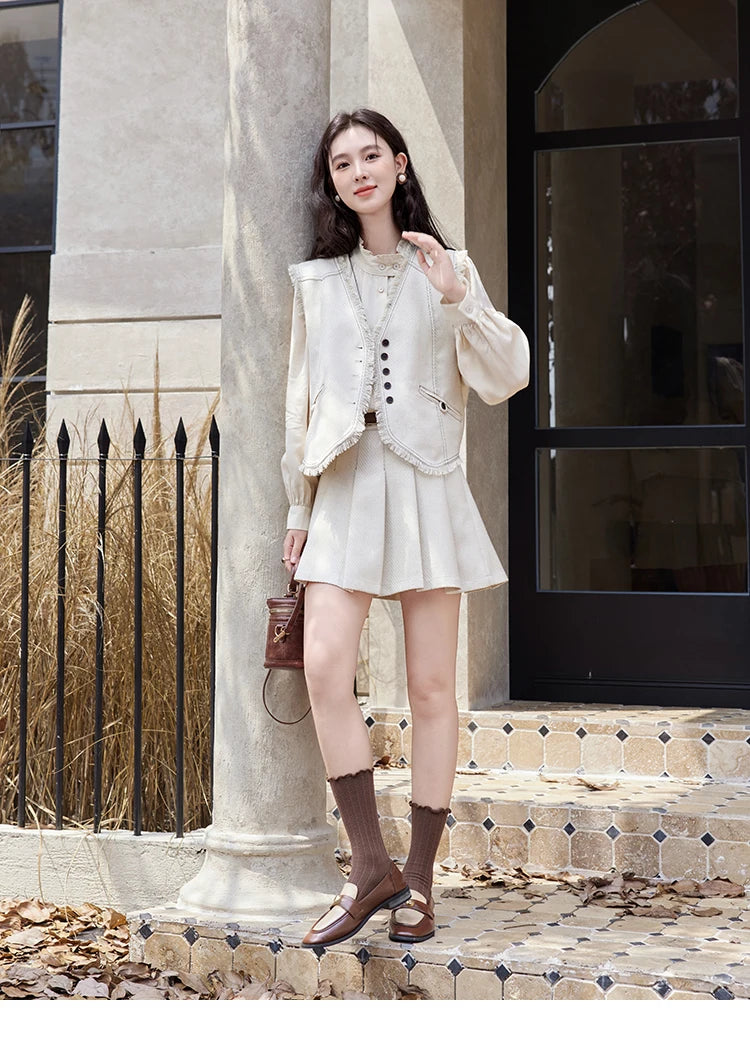Mishow French Apricot Stand Collar Shirt & Pleated Mini Skirt Set MXD48C0365