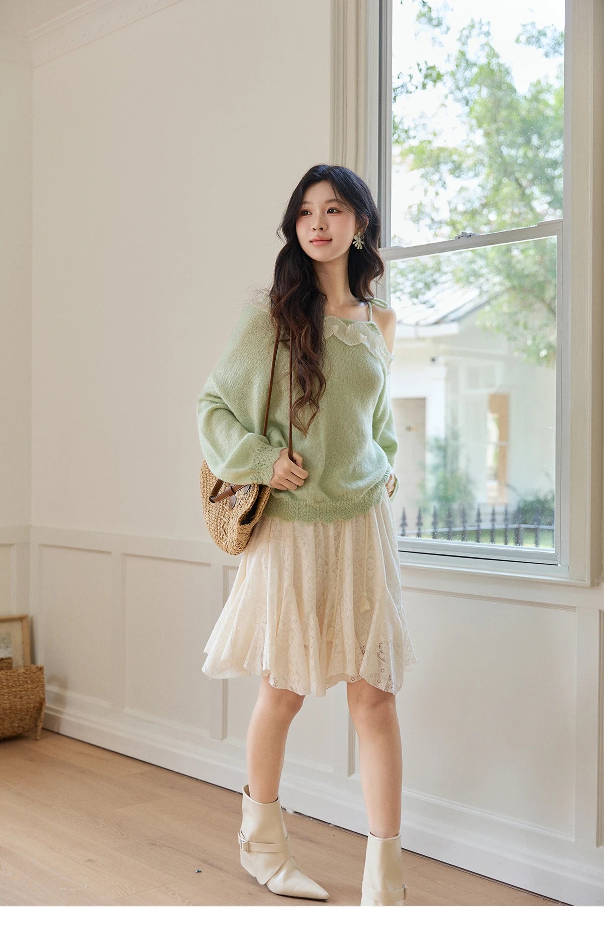 MISHOW Women's Light Green Knit Sweater 2026 Spring Asymmetrical Side Exposed Shoulder Tops Ruffled Casual Loose Top MXF108Z1027