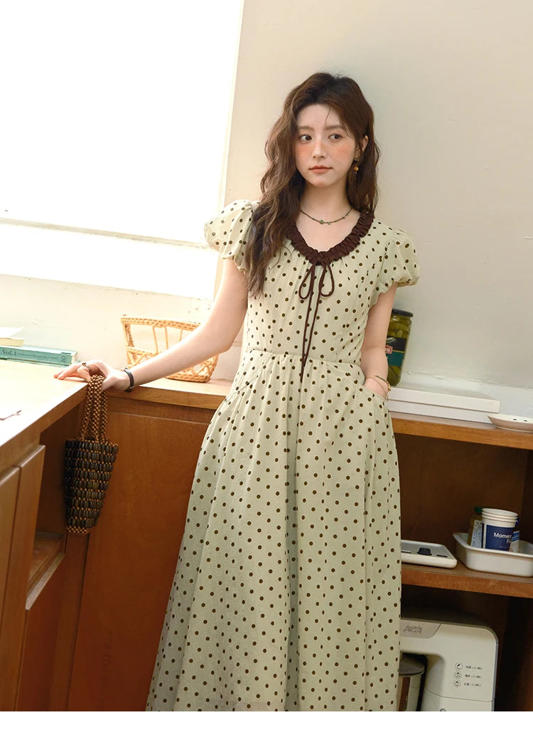 MISHOW Women's Casual Polka Dot Dress 2025 Summer New Ladies Puff Sleeve V-neck Lace Up Ruffle Edge Pocket Dresses MXE39L2326