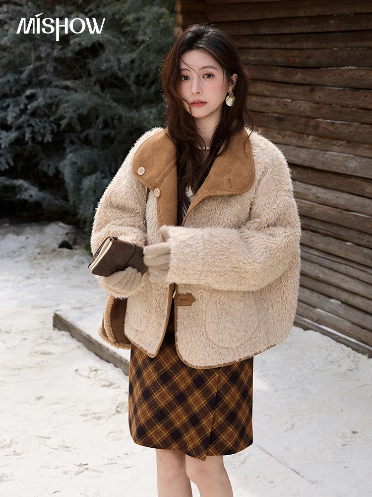 MISHOW Women's Double Sided Wearing Jacket 2025 Winter Lamb Wool Lapel Coat Warm Windproof Commuter Coat with Pockets MXE91W1015