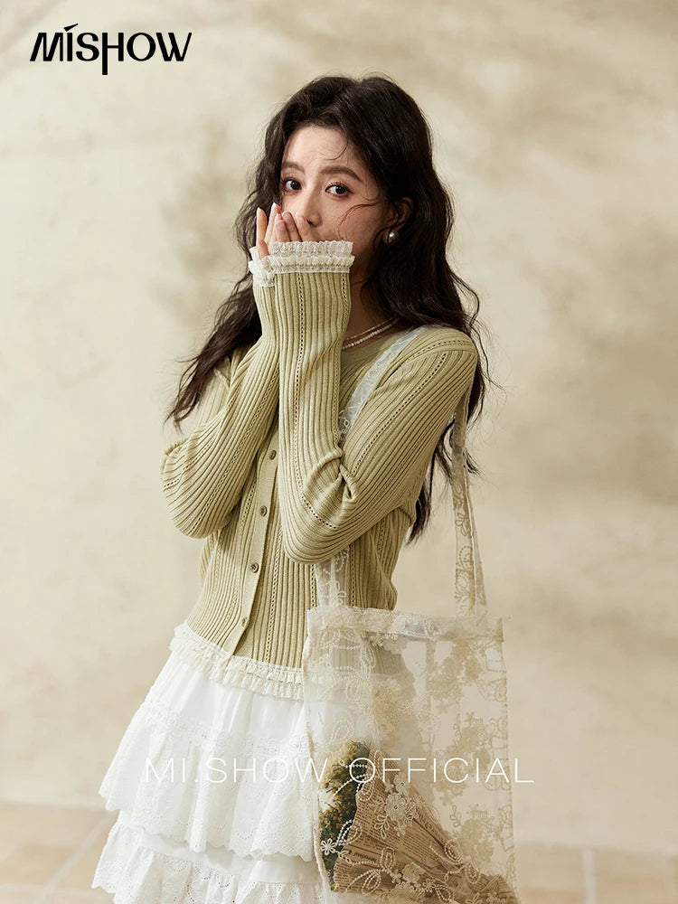 MISHOW Macaron Knitted Tops 2025 Spring Hollow Hook Flower Lace Splicing Tops Bow Embroidery O-neck Long Sleeve Tees MXE16Z1211