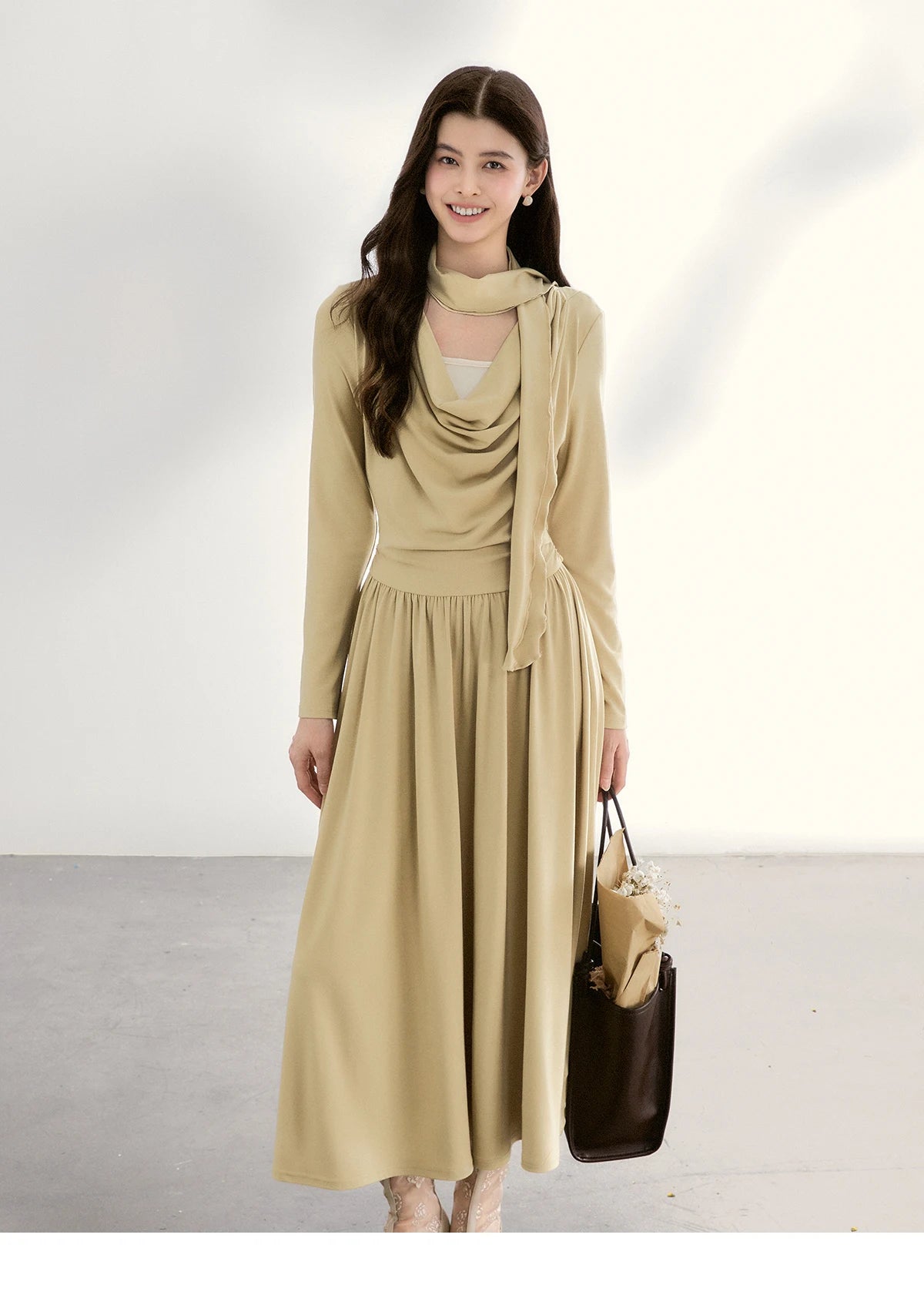 Mishow Khaki Swinging Collar Scarf Waist Dress MXF11L2552