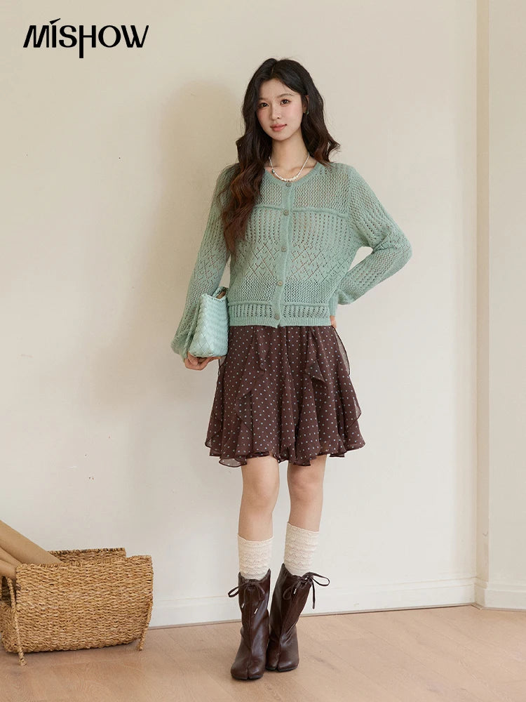 MISHOW Women's Mint Green Knitted Cardigan 2026 Spring Crew Neck Hollow Out Thin Tops Casual Loose Sheer Sweater MXF108Z1046