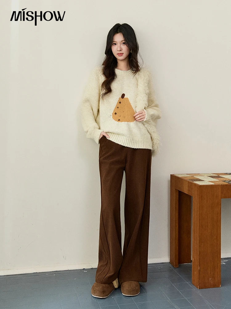 MISHOW Pear Pattern Jacquard Knitted Sweater Autumn Winter Crew Neck Loose Sweaters Wool Blend Warm Pullover Tops MXE94Z2959