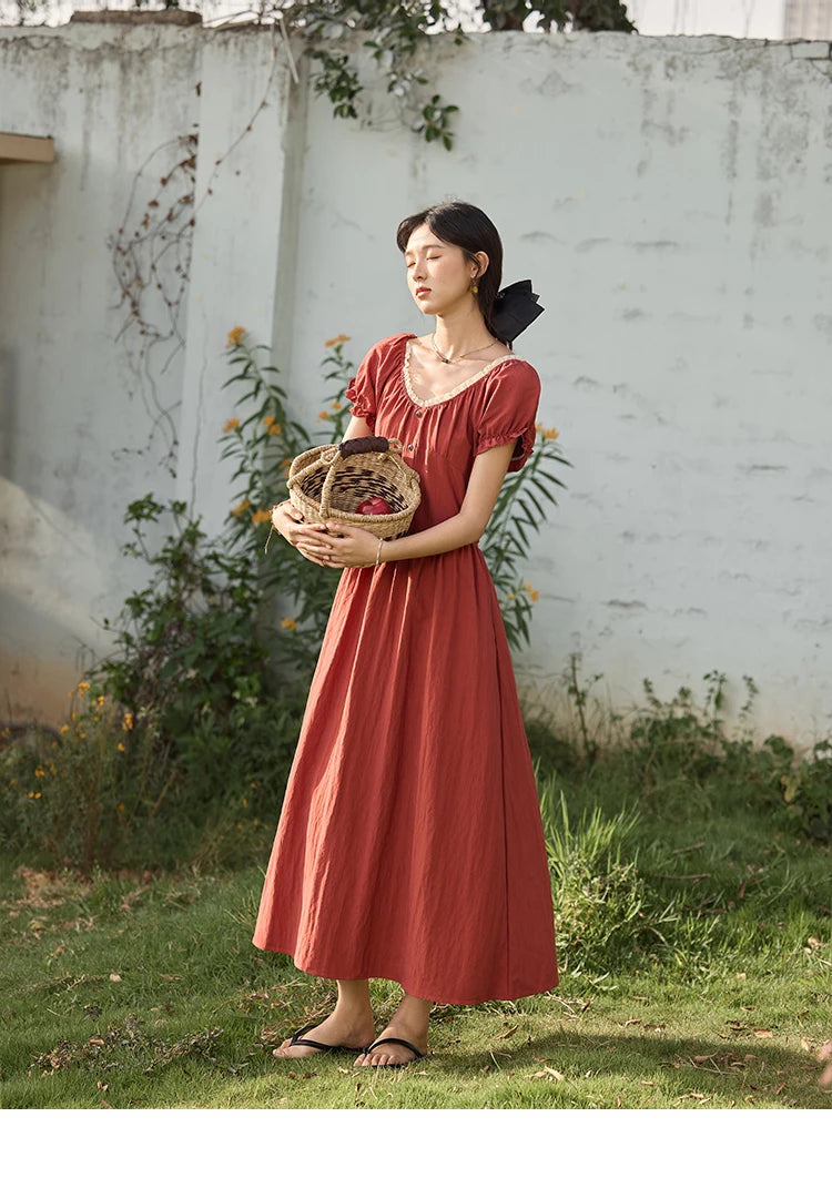 MISHOW French Summer Dress Women New 2025 Puff Short Sleeve Lace Neck Slimming Long Dresses Female Fashion Elegant MXE35L2297