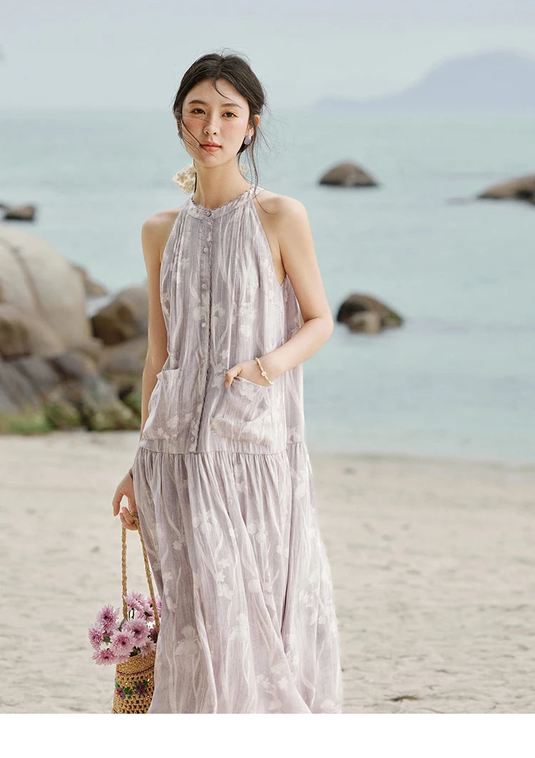 MISHOW Purple Print Chiffon Holiday Dress Women 2025 Summer Sleeveless Stand Collar Slim Dresses Woman New Fashion MXE32L2163