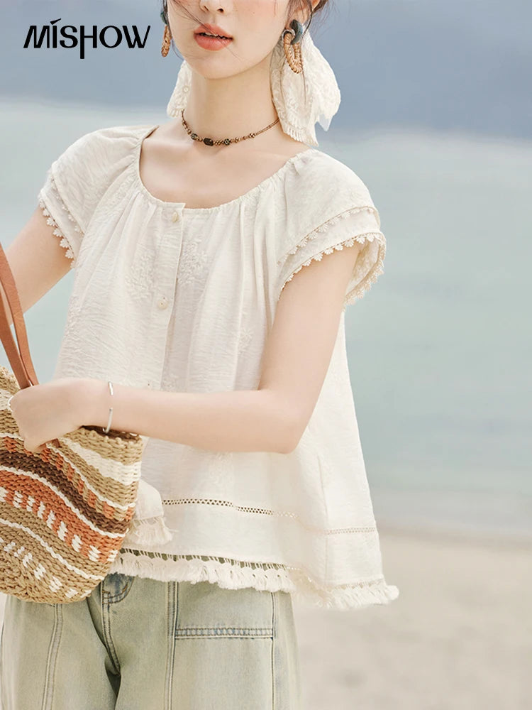 MISHOW Embroidered French Shirt Women Summer 2025 Short Sleeve Round Neck Solid Blouses Female Fashion New Tops Lady MXE33X1744
