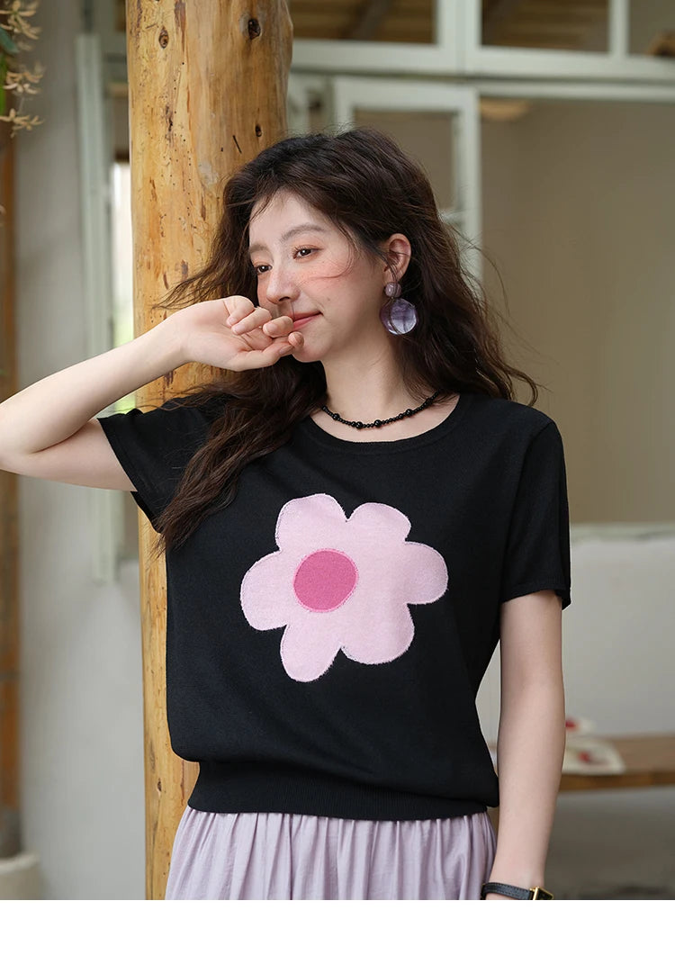 MISHOW Contrast Color Flower Knitted T-shirts for women 2025 Summer New Round Neck Top Women's Clothing Commute Tee MXE39Z1311
