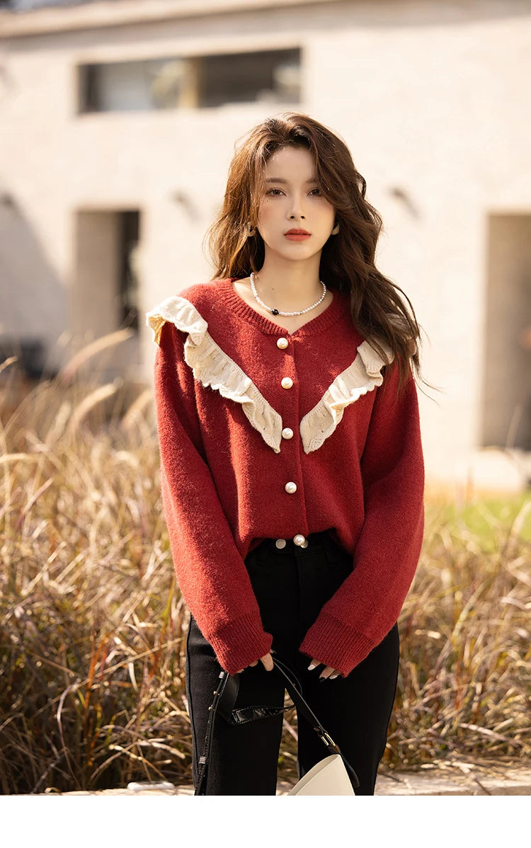 MISHOW Sweater Cardigan for Women Korean Fashion Ruffle Knitwears Autumn Winter Single Breasted Knitted Tops Jumpers MXB46Z1111