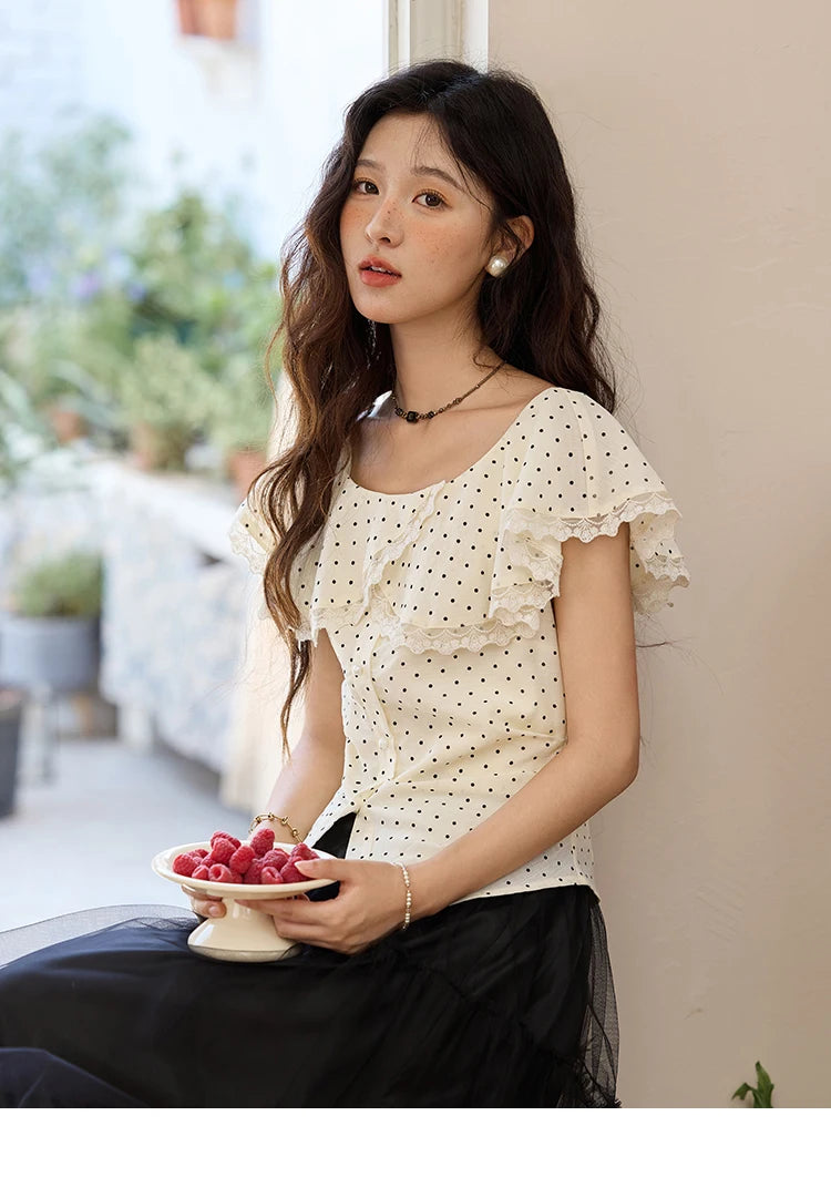 MISHOW Women's Apricot Polka Dot Shirt 2025 Summer French Ruffle Edge Patchwork Lace Shirts Short Sleeved Slim Top MXE34X1783