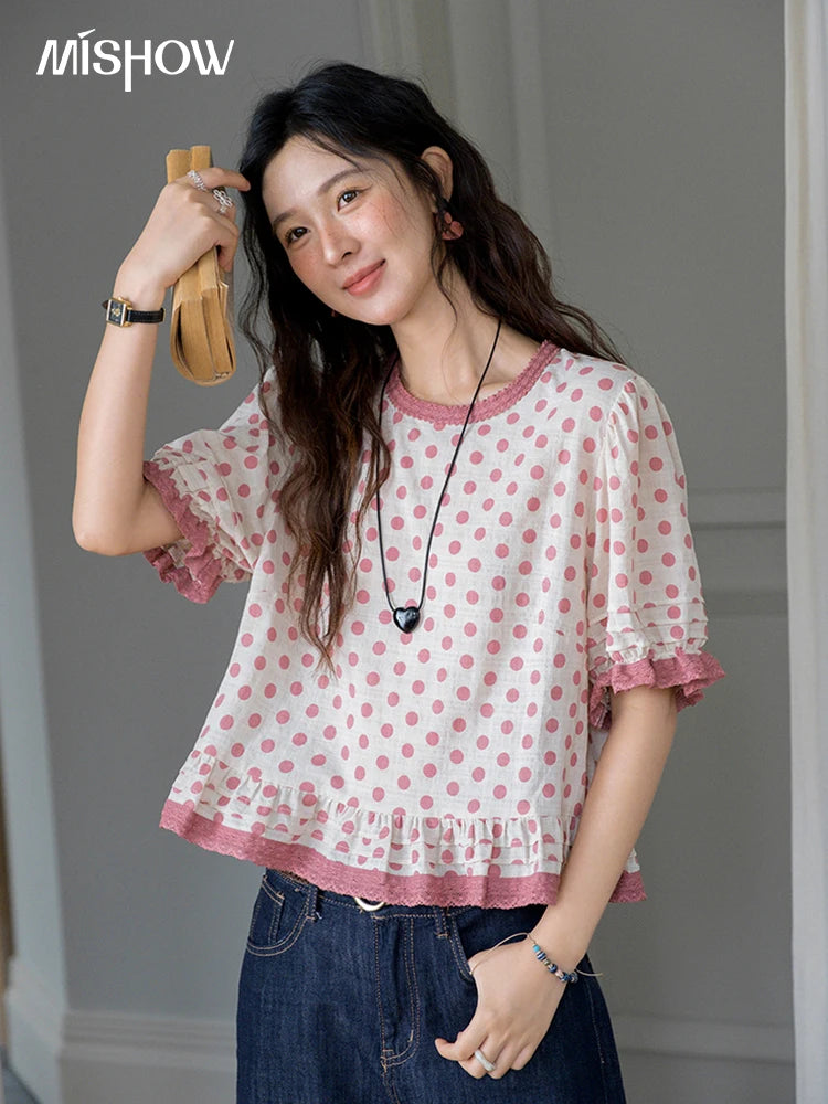 MISHOW Women's Blouse Fashion Pink Polka Dot Short Top 2025 Summer Sweet Puff Sleeve Blouse Casual Female Clothing MXE37X1900