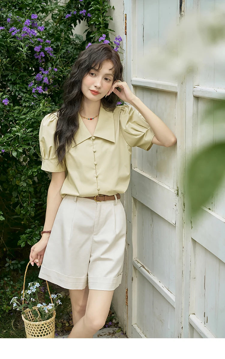 MISHOW Bubble Sleeve V-neck Commuting Shirts for Women 2025 Summer Retro Lapel Neck Short Sleeve Loose Solid Tops MXD28X1471