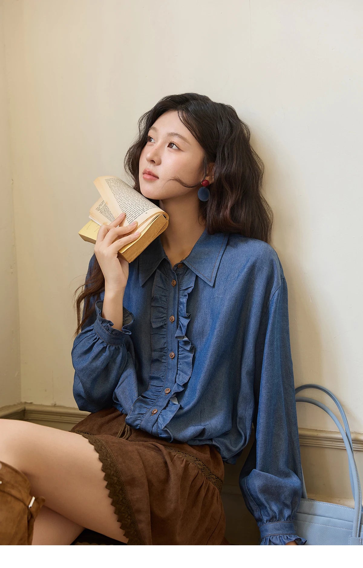 MISHOW Blue Lyocell Imitation Denim Shirt for Women Autumn 2025 Ruffled Placket Contrasting Button Waist Cinc Shirt MXE43C2386