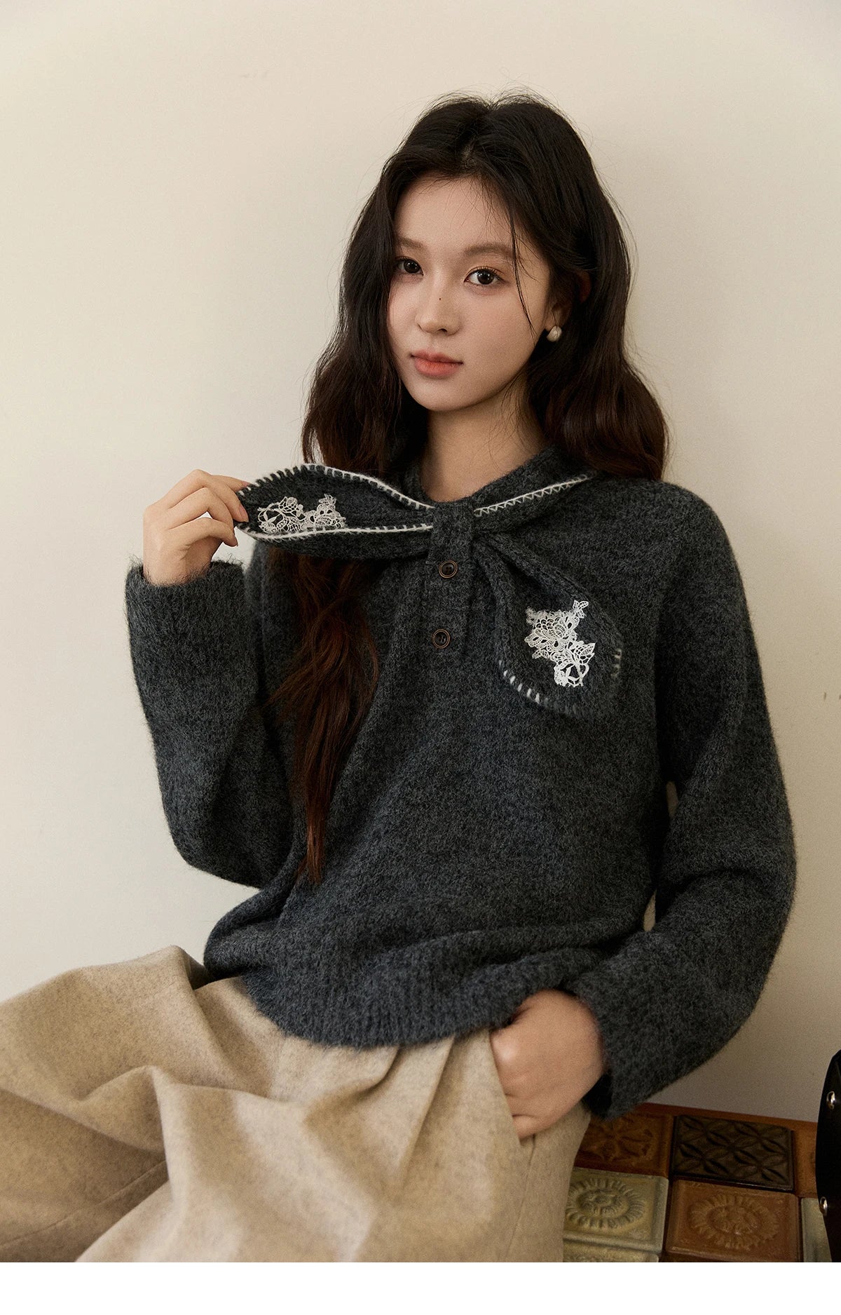 MISHOW Women's Yellow Knitted Sweater 2025 Autumn Winter Bow Collar Splicing Lace Tops Loose Warm Pullover Sweaters MXE94Z2971