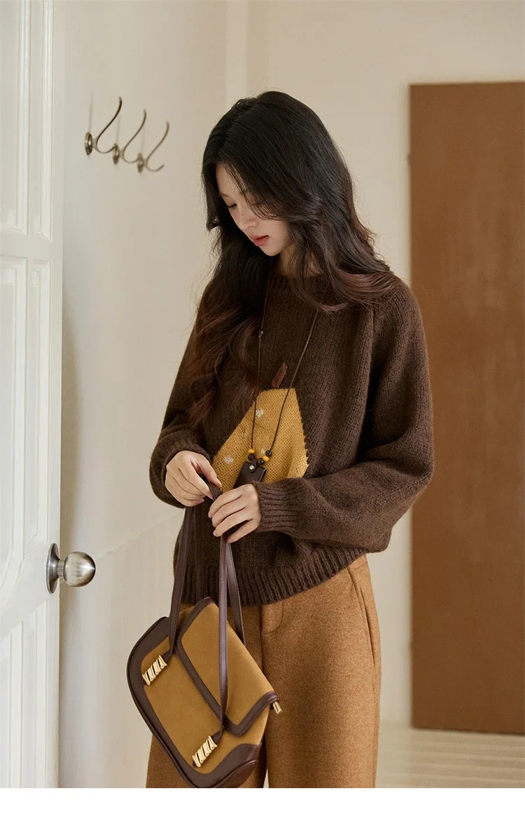 MISHOW Pear Pattern Jacquard Knitted Sweater Autumn Winter Crew Neck Loose Sweaters Wool Blend Warm Pullover Tops MXE94Z2959