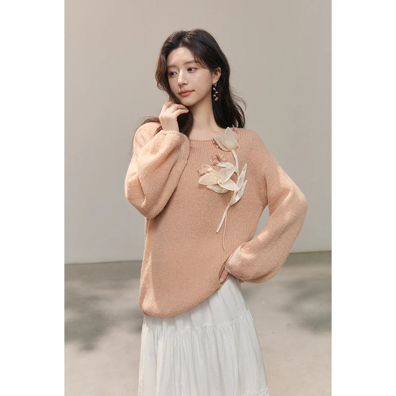 MISHOW 3D Floral Applique Crew Neck Knit Thin Sweater 2026 Spring Loose Casual Elegant Top Soft Pinkish Beige Sweater MXE47Z2649