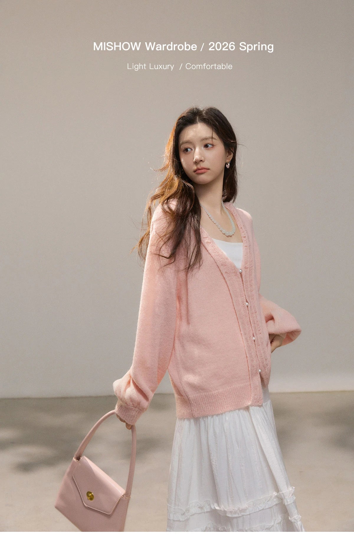 MISHOW Women's Pink Sweet Knit Cardigan 2026 Spring V-Neck Ruffled Trim Pearl Button Cardigans Loose Knitted Sweater MXF108Z1028