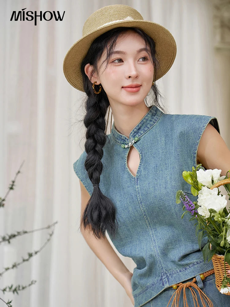 MISHOW Chinese Water Droplet Hollowed Stand Collar Vest Pleated Denim Skirt Separately Summer Retro Denim Collection MXD21X1465