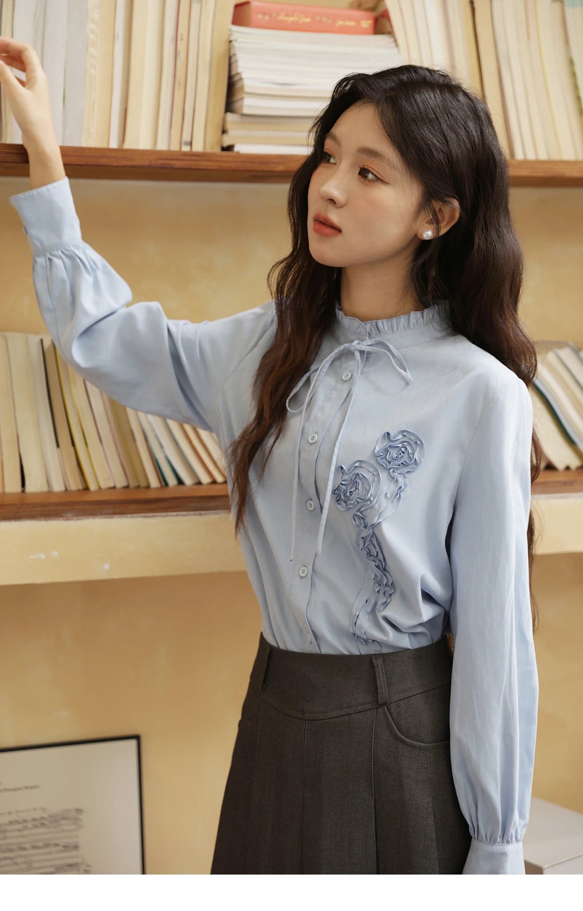 MISHOW Coiled Flowers Embroidered Blue Shirt for Women Autumn 2025 Stand Neck Lace-up Brushed Shirts Office Lady MXE44C2398