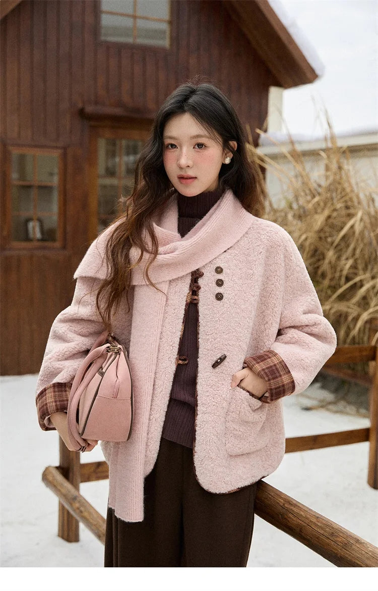 MISHOW Woman Plaid Patchwork Lamb Wool Coat 2025 Winter Round Neck Coat Commute Warm Loose Jacket (Without A Scarf)MXE90W0923