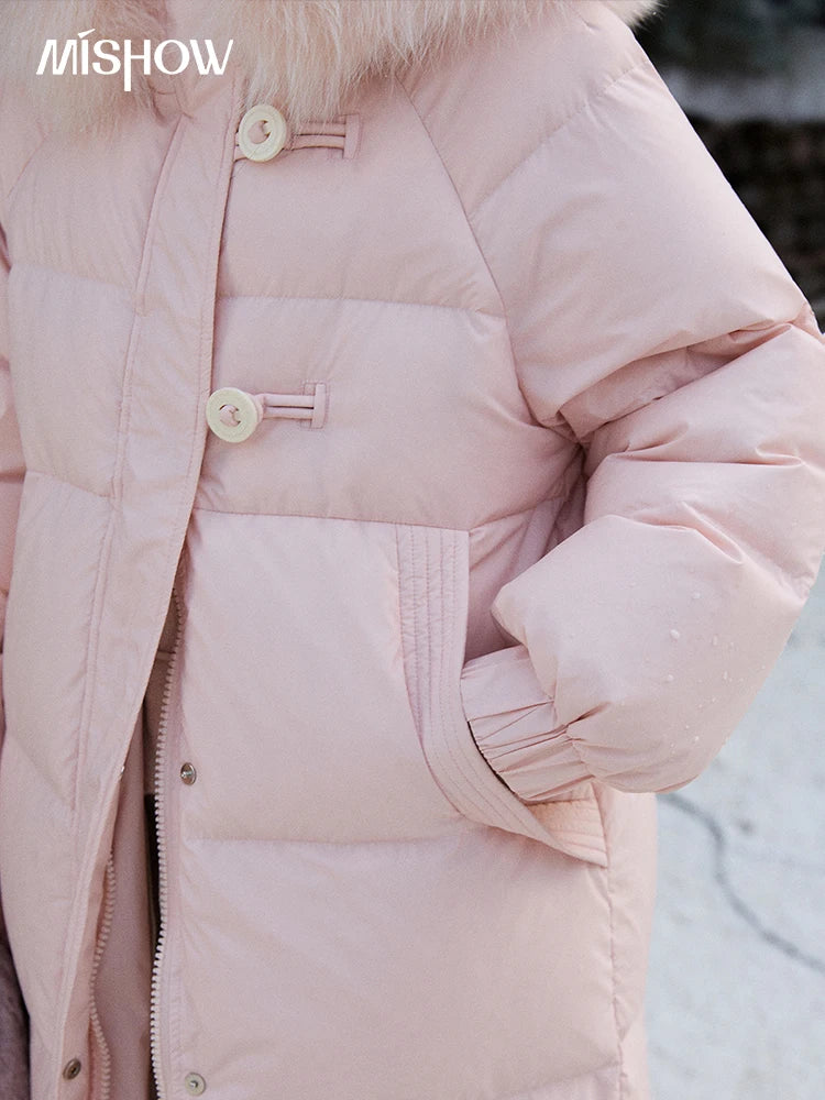MISHOW Women's Long Down Coats 2025 Winter Fox Fur Collar 90% White Duck Down Down Jacket Warm Coat Large Pockets MXD112Y0070