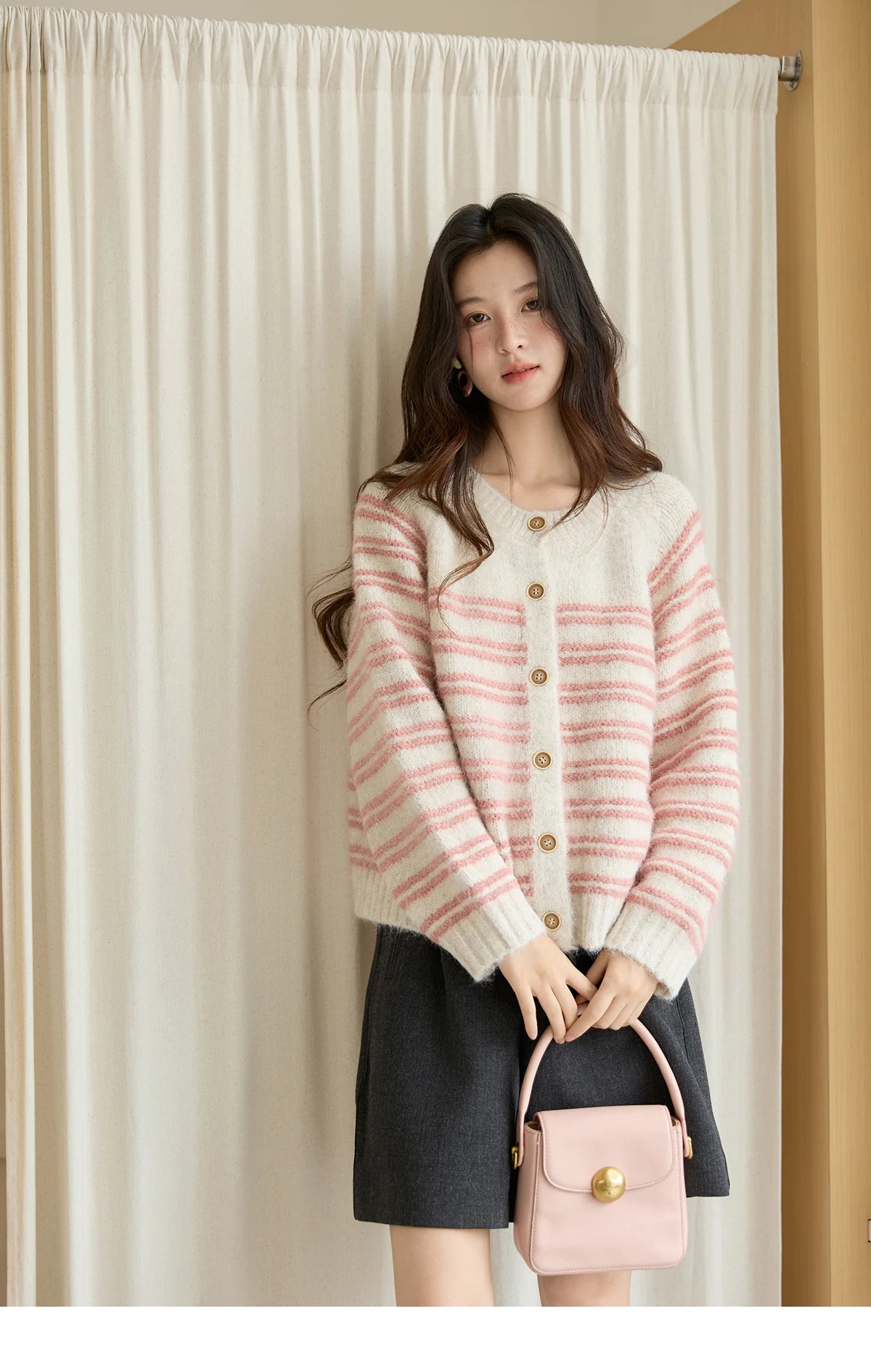 MISHOW Women's Pink Striped Cardigan 2025 Autumn Winter French Style Round Neck Wool Blended Sweater Loose Casual Top MXE49Z2615