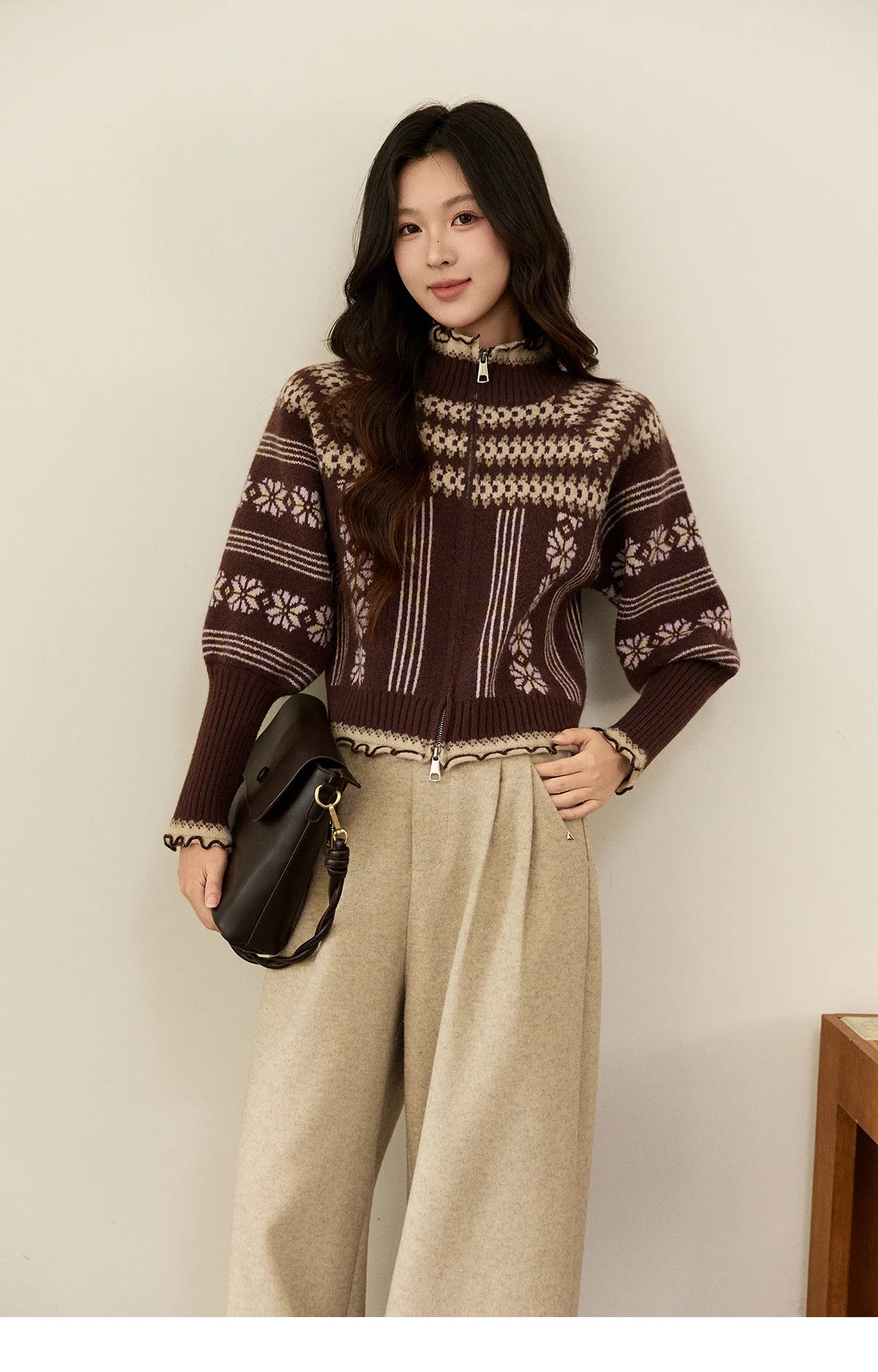 MISHOW Women's Brown Knitted Fair Isle Sweater Vintage Jacquard Lantern Sleeves Zipper Top Ruffled Trim Warm Sweaters MXE91Z2868