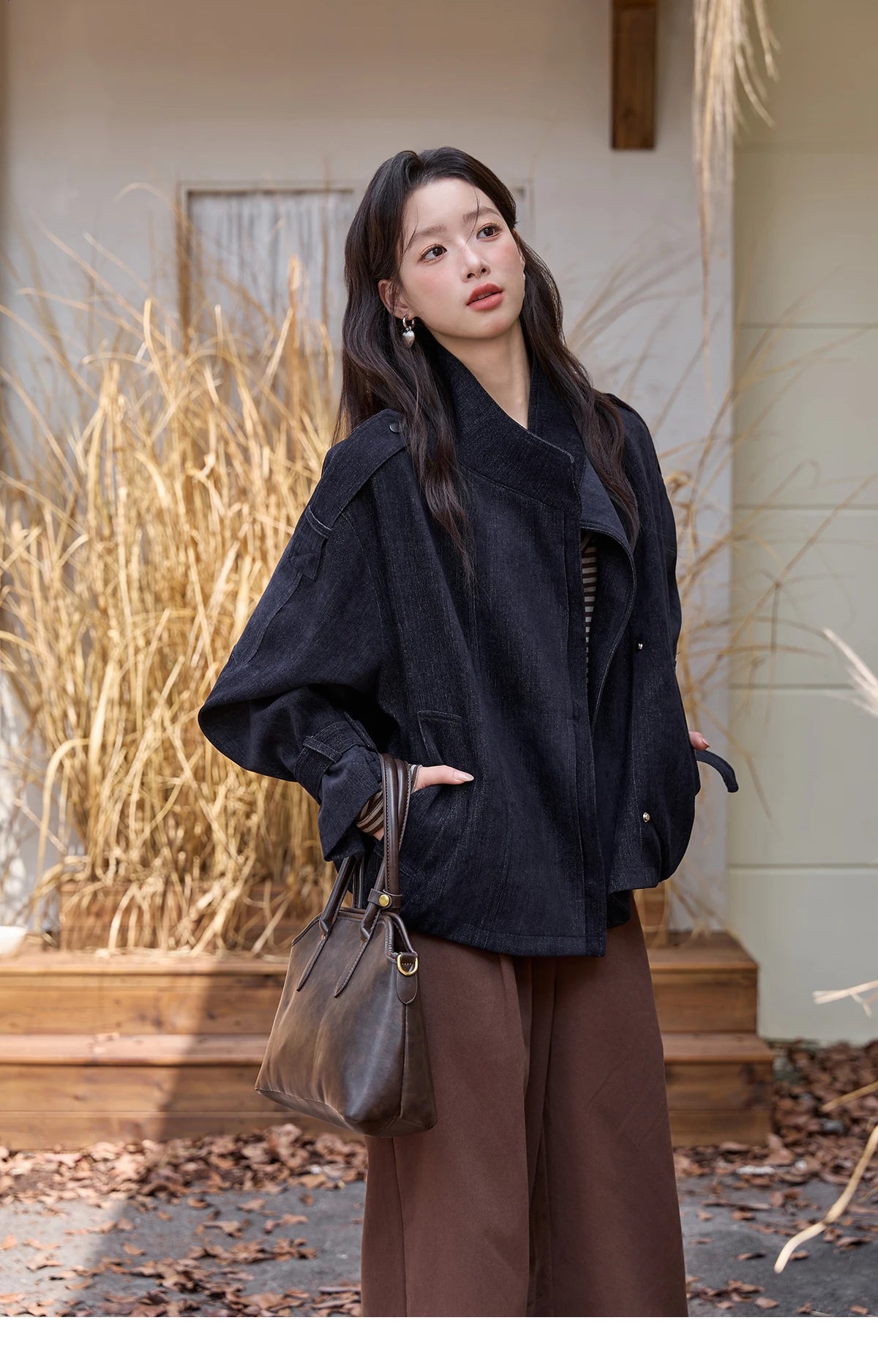 MISHOW Navy Blue Short Jacket for Women 2025 Autumn Winter Safari Style Stand Collar Epaulette Design Cuff Jacket MXE49W0901