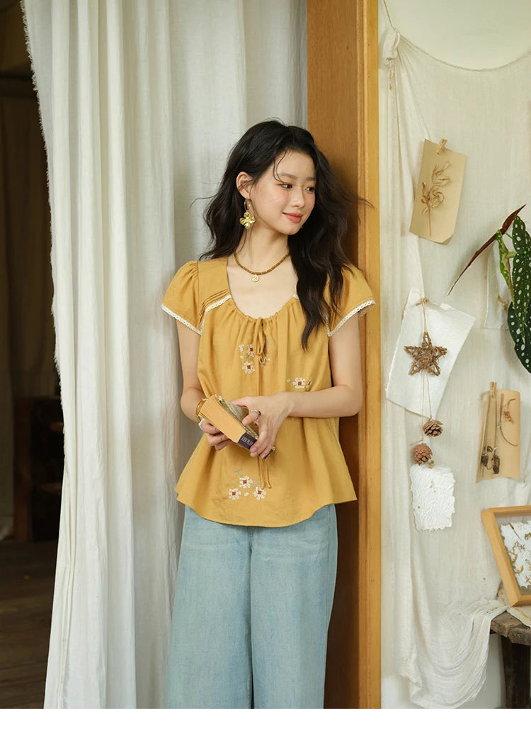 MISHOW Fashion Embroidery Flower Blouses for Woman 2025 Summer O-Neck Lace Up Flying Sleeve Lace Spliced Loose Top MXE39X1880